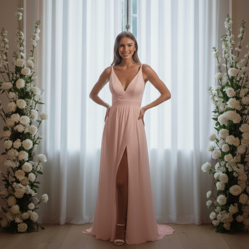 Vestido elegante con abertura lateral y tiras