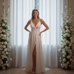 Vestido elegante con abertura lateral y tiras