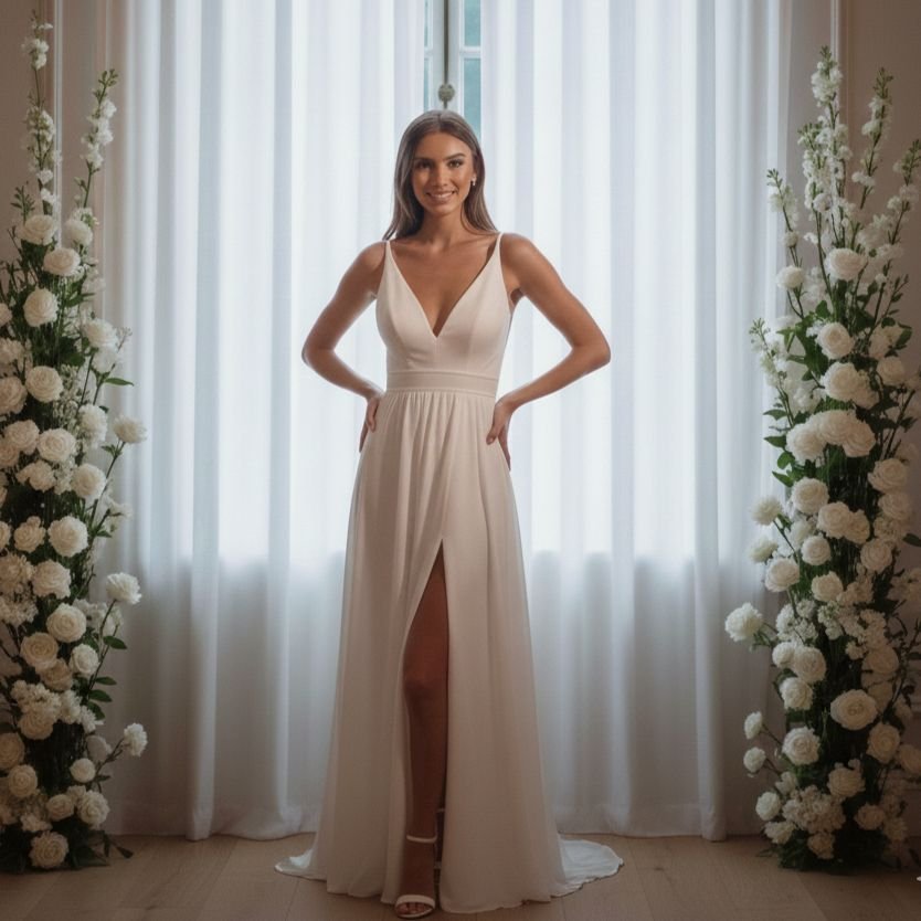 Vestido elegante con abertura lateral y tiras